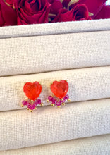 Load image into Gallery viewer, Coral heart earrings with pink crystals
