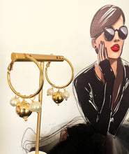 Load image into Gallery viewer, Gold ball and pearl hanging from hoop earrings
