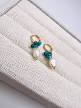 Load image into Gallery viewer, Freshwater pearl and turquoise small hoop earrings
