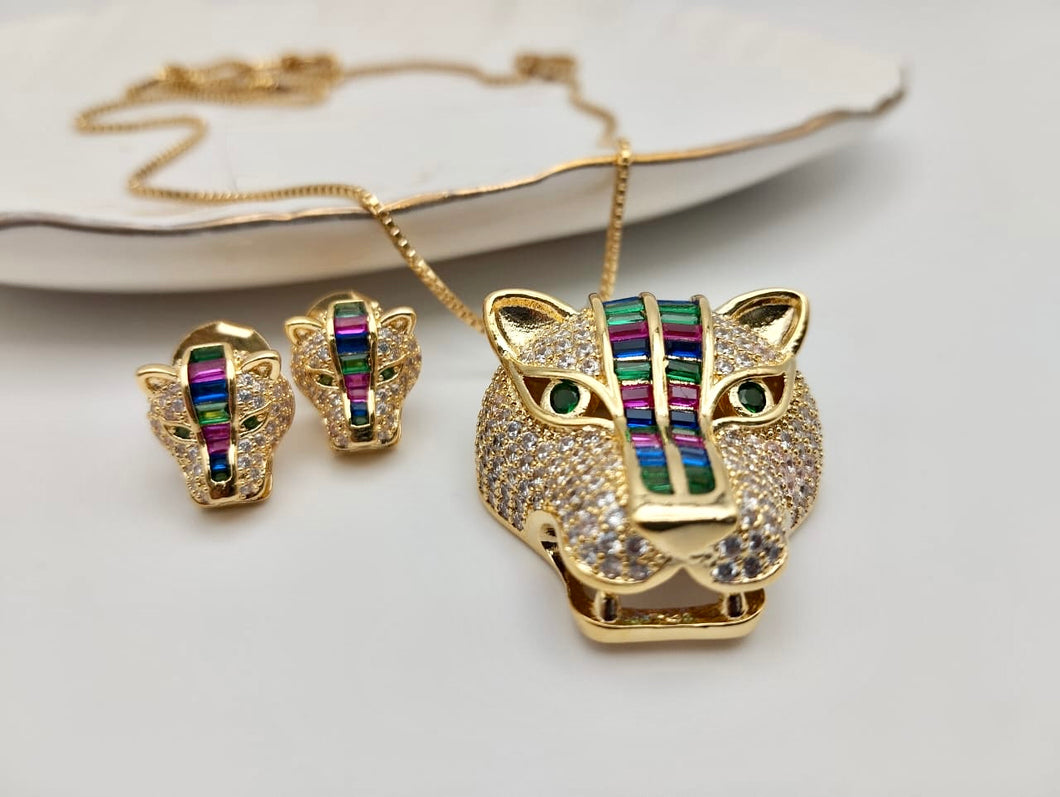 Colorful CZ tigers on the face jewelry set