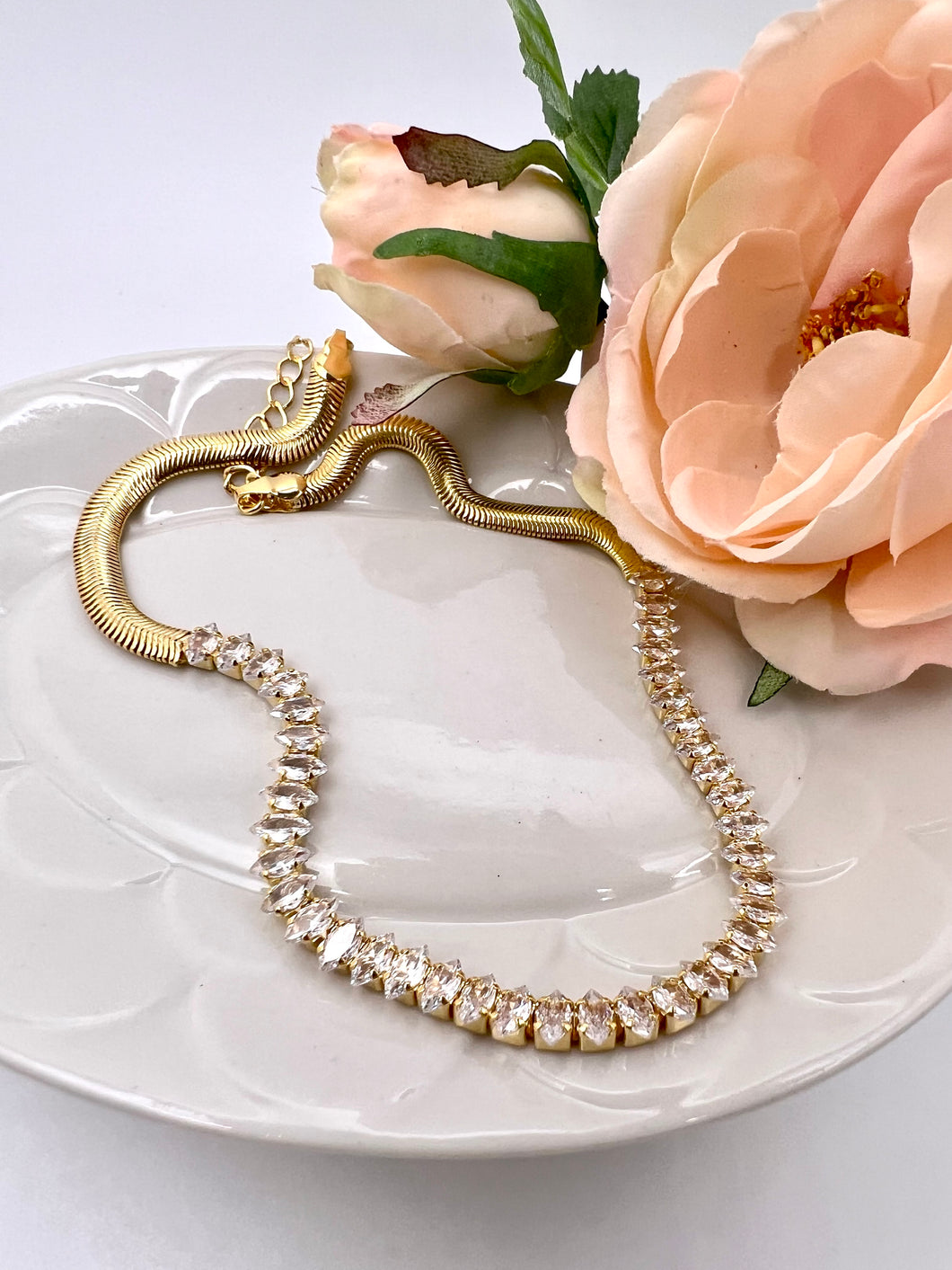 German thread and crystal navettes choker necklace