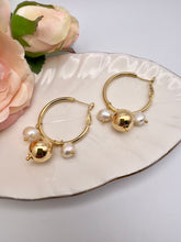 Load image into Gallery viewer, Gold ball and pearl hanging from hoop earrings
