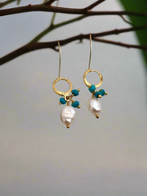 Load image into Gallery viewer, Freshwater pearl and turquoise small hoop earrings
