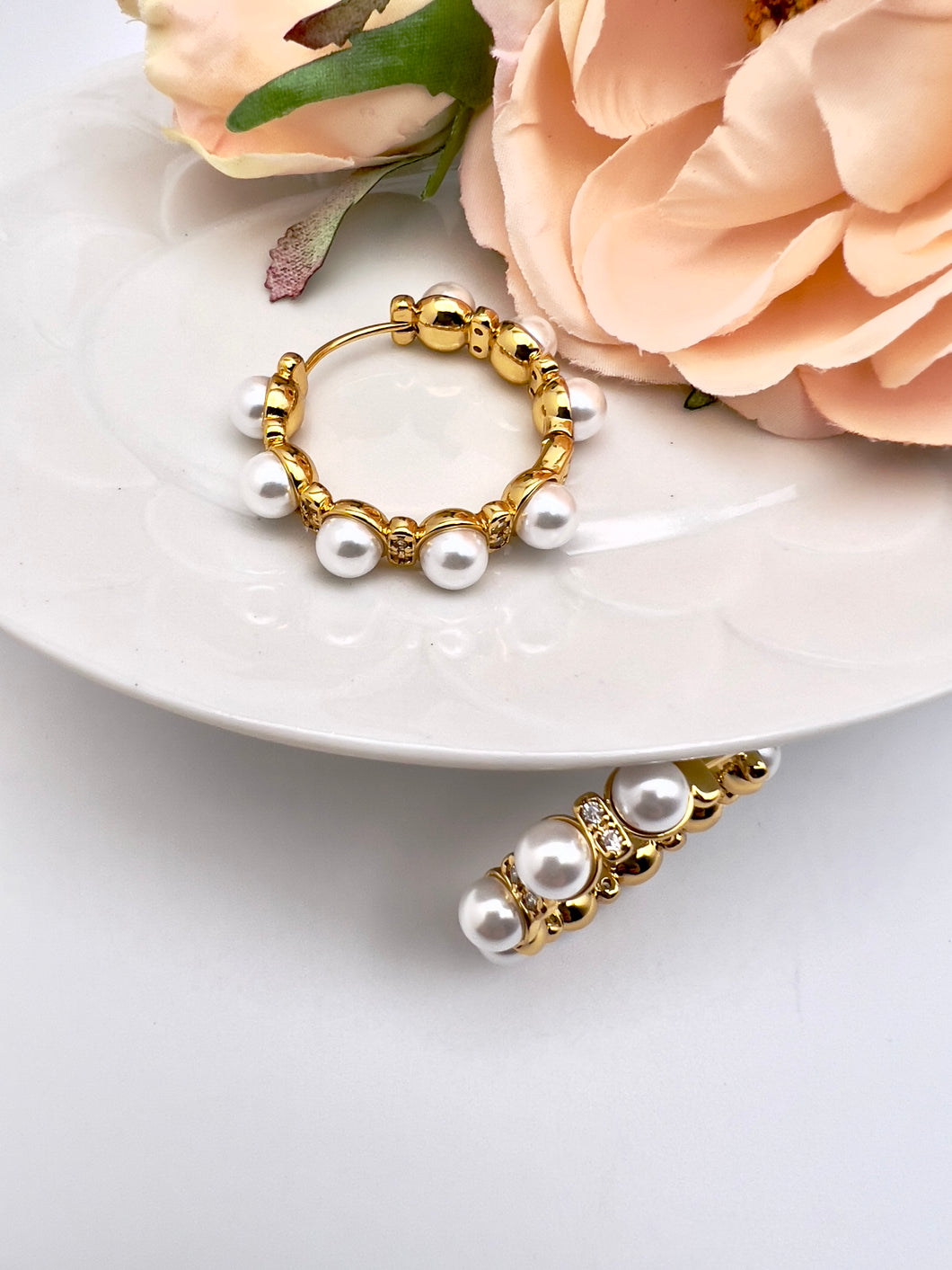 Shell pearl hoop with cz detail earrings