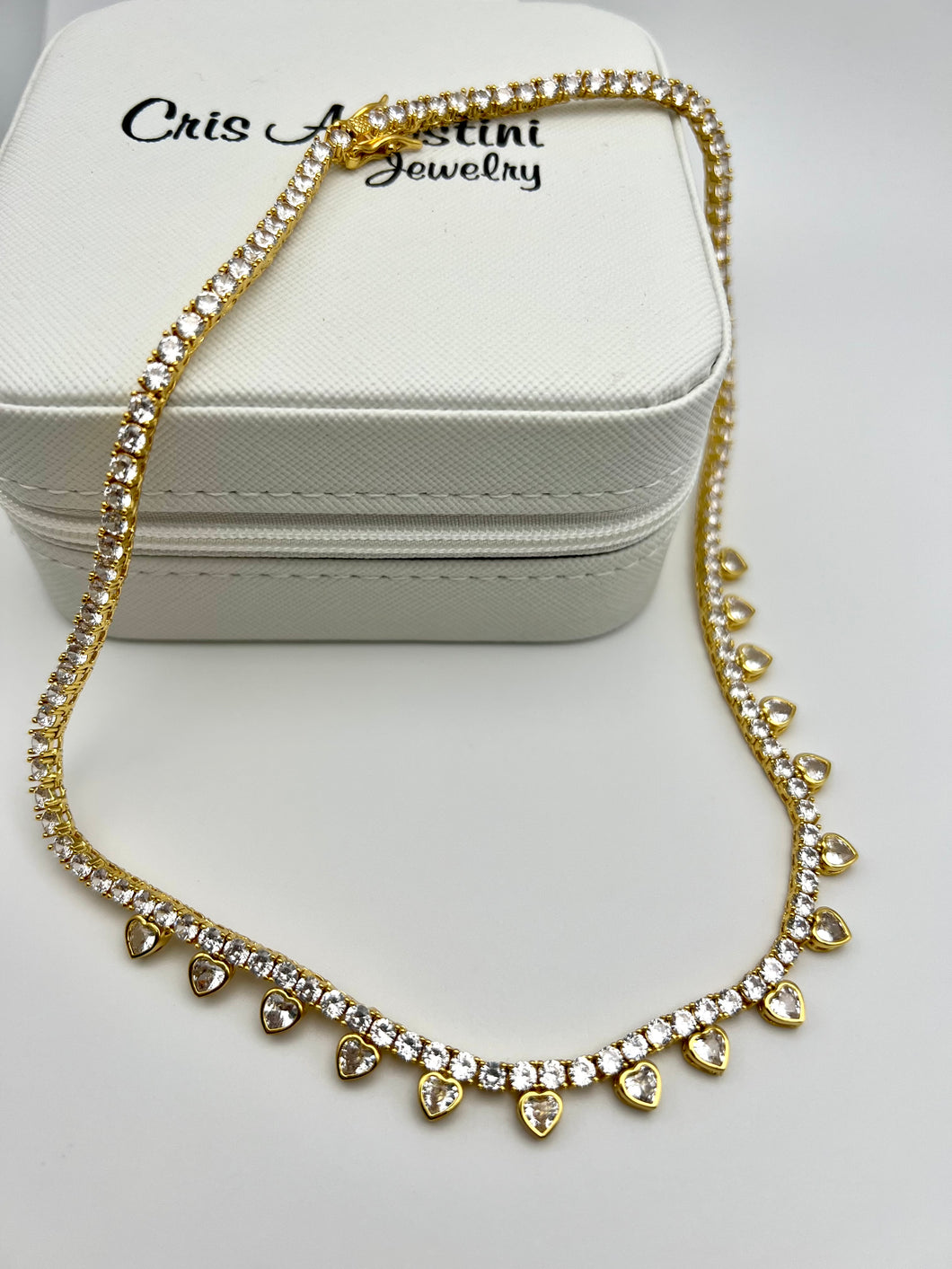 Diamond cz tennis choker with small hearts necklace