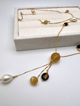 Load image into Gallery viewer, Rutilated quartz pearl and eye of tiger long necklace
