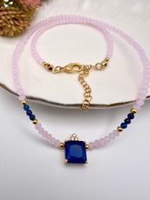 Load image into Gallery viewer, Light  pink crystal choker necklace blue cz square stone
