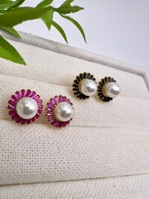 Load image into Gallery viewer, Pearl earrings surrounded by color baguettes
