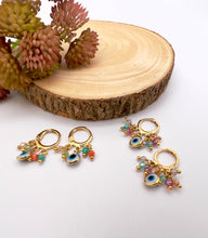 Load image into Gallery viewer, Small colorful crystal greek eye hoop earrings
