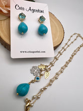 Load image into Gallery viewer, Long lucky necklace with drop turquoise pendant
