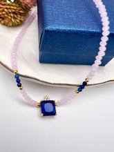 Load image into Gallery viewer, Light  pink crystal choker necklace blue cz square stone
