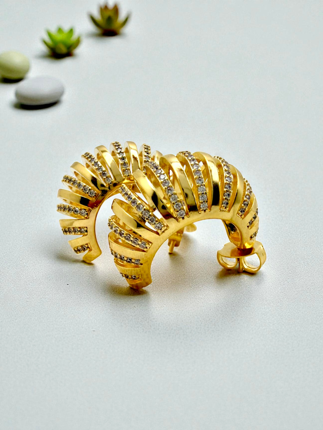 Curvy bulbous sripped cz detail earrings