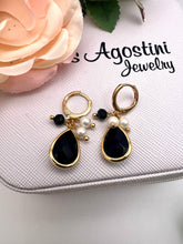 Load image into Gallery viewer, Drop crystal black and mini shell hoop earrings
