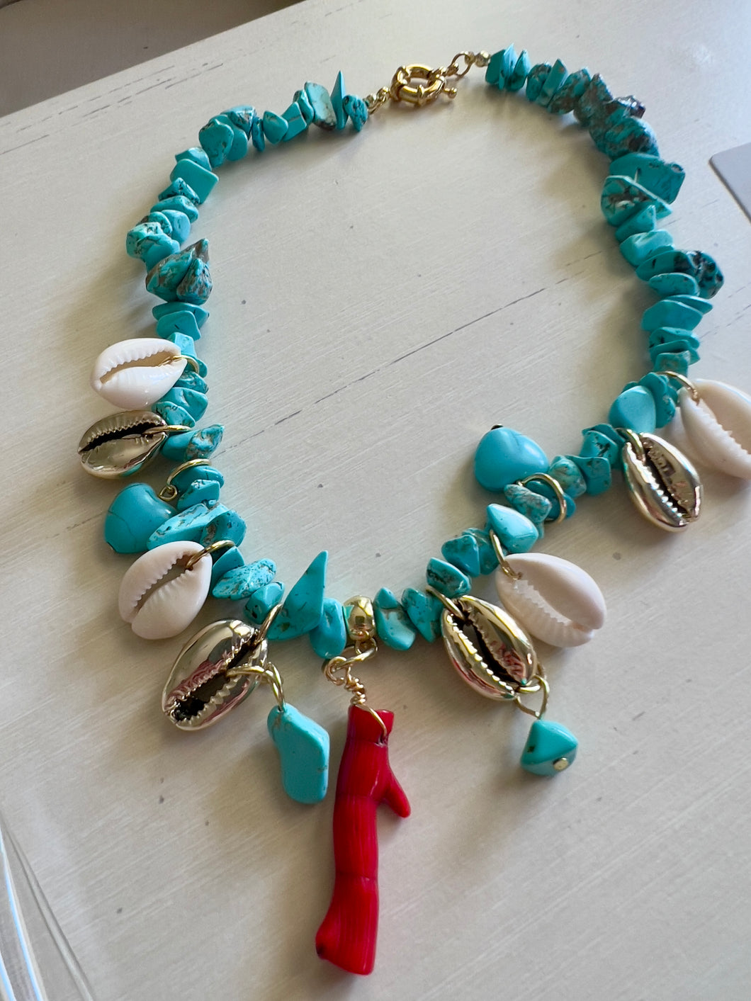 Turquoise coral and shell choker necklace