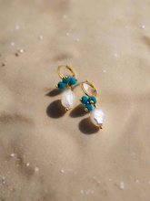 Load image into Gallery viewer, Freshwater pearl and turquoise small hoop earrings
