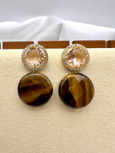 Load image into Gallery viewer, Champagne crystal base earrings with eye of tiger natural gemstone
