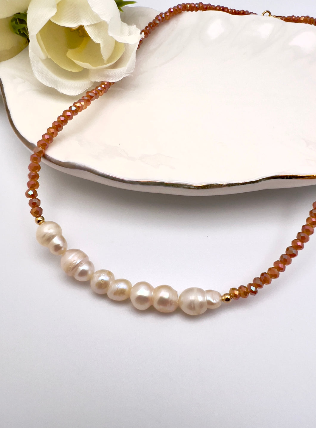 Dulce de leche crystal with freshwater pearl necklace