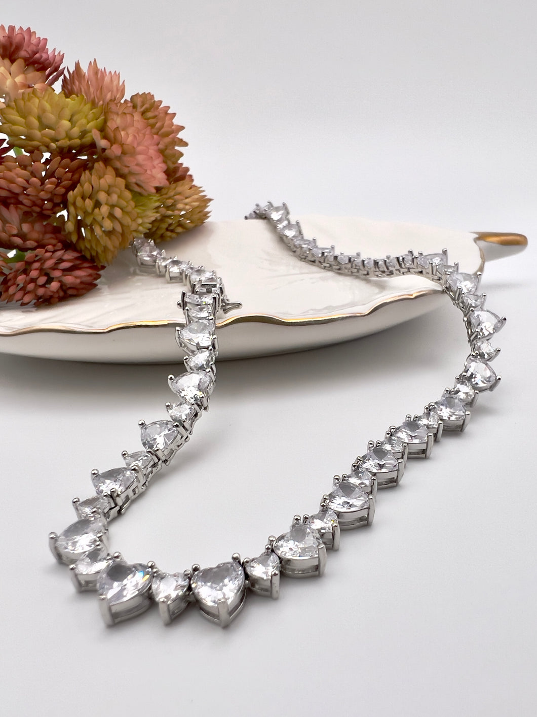 Rhodium heart shape 2 sizes cz diamond choker