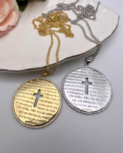 Load image into Gallery viewer, Large Our Father prayer medal and cross long necklace
