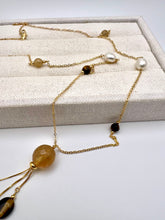 Load image into Gallery viewer, Rutilated quartz pearl and eye of tiger long necklace
