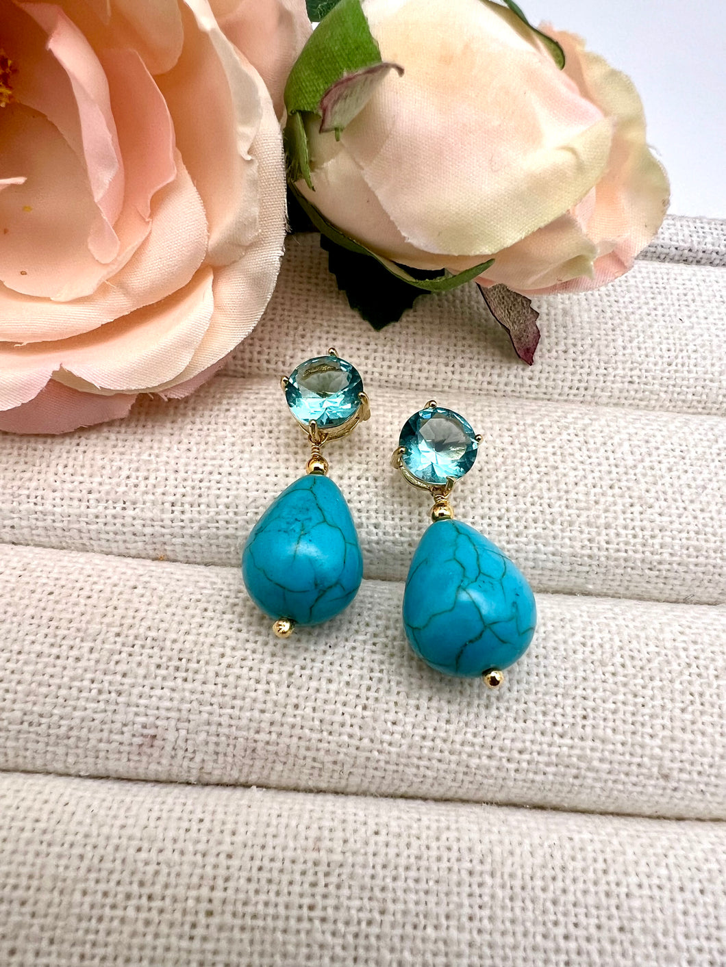 Light blue zirconia and drop turquoise earrings