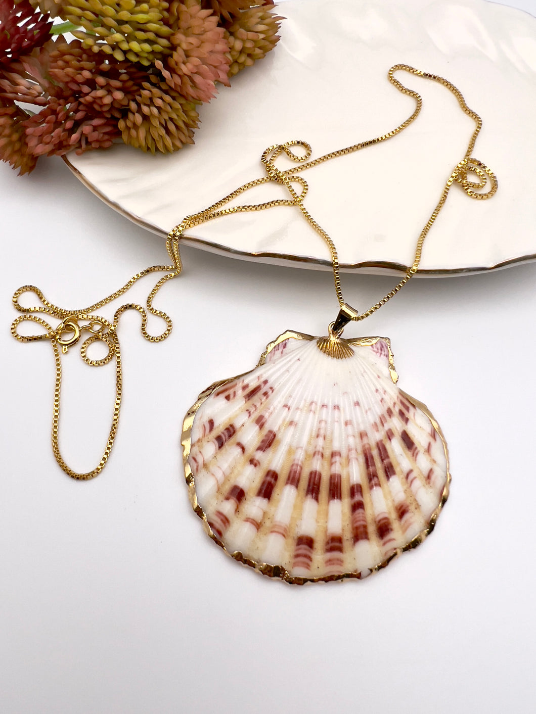 Long spotted natural shell gold plated 26’ chain necklace
