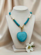 Load image into Gallery viewer, Turquoise gemstone pearl and heart pendant necklace
