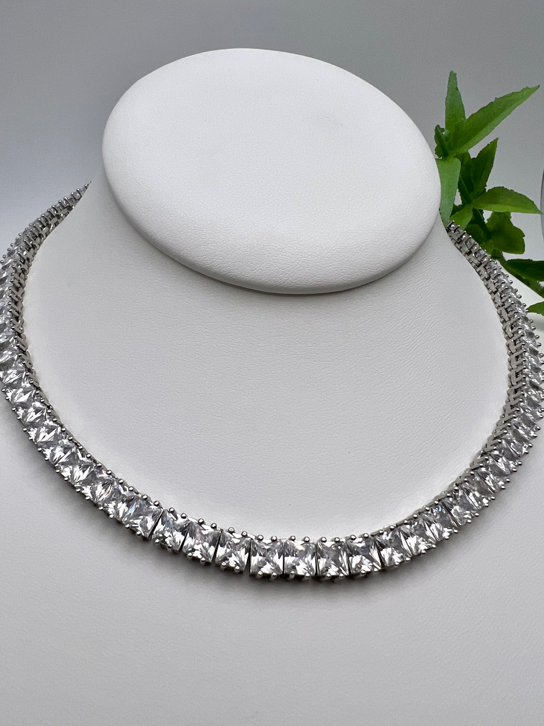 Princess cut square cz silver  tennis choker necklace