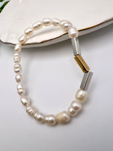 Load image into Gallery viewer, Gold and rhodium tube cultured pearl bracelet
