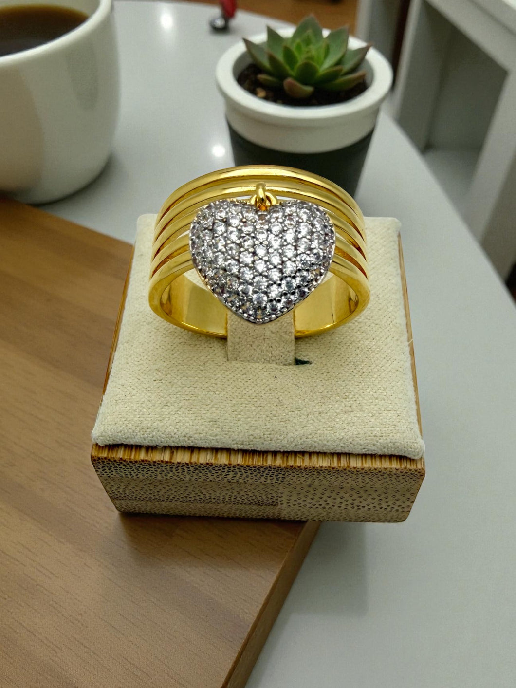 Luxury cz studded heart pendant ring