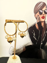 Load image into Gallery viewer, Gold ball and pearl hanging from hoop earrings
