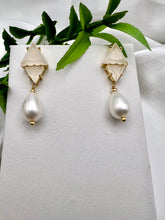 Load image into Gallery viewer, Triangle opaque cz and shell pearl earrings
