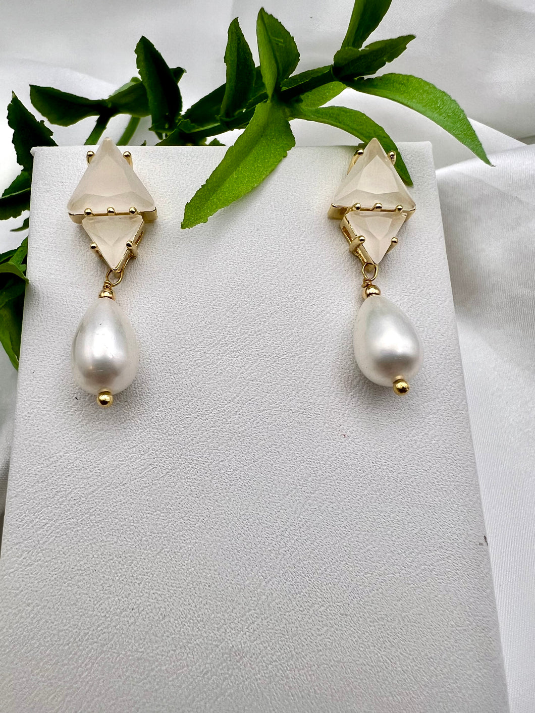 Triangle opaque cz and shell pearl earrings