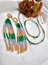 Load image into Gallery viewer, Crystal tassel emerald lilac dulce de leche earrings
