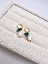 Load image into Gallery viewer, Freshwater pearl and turquoise small hoop earrings
