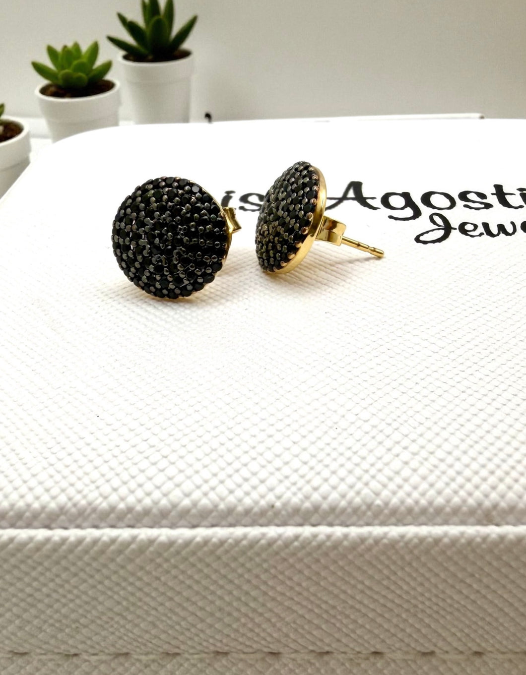 Round button black micro cz earrings