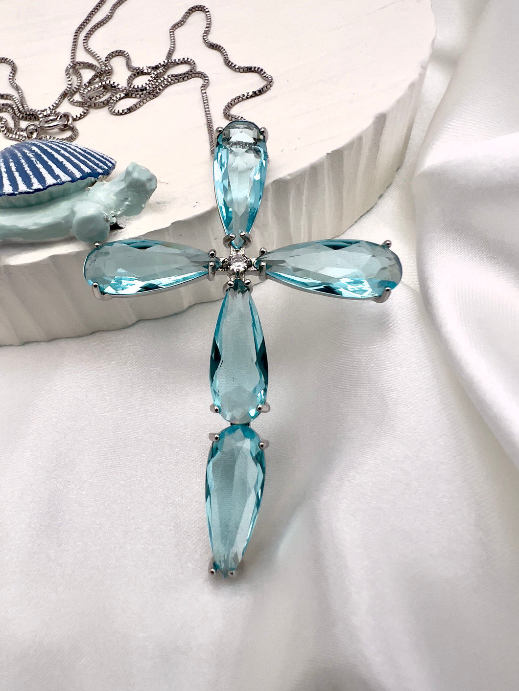 Aquamarine crystal cross long necklace