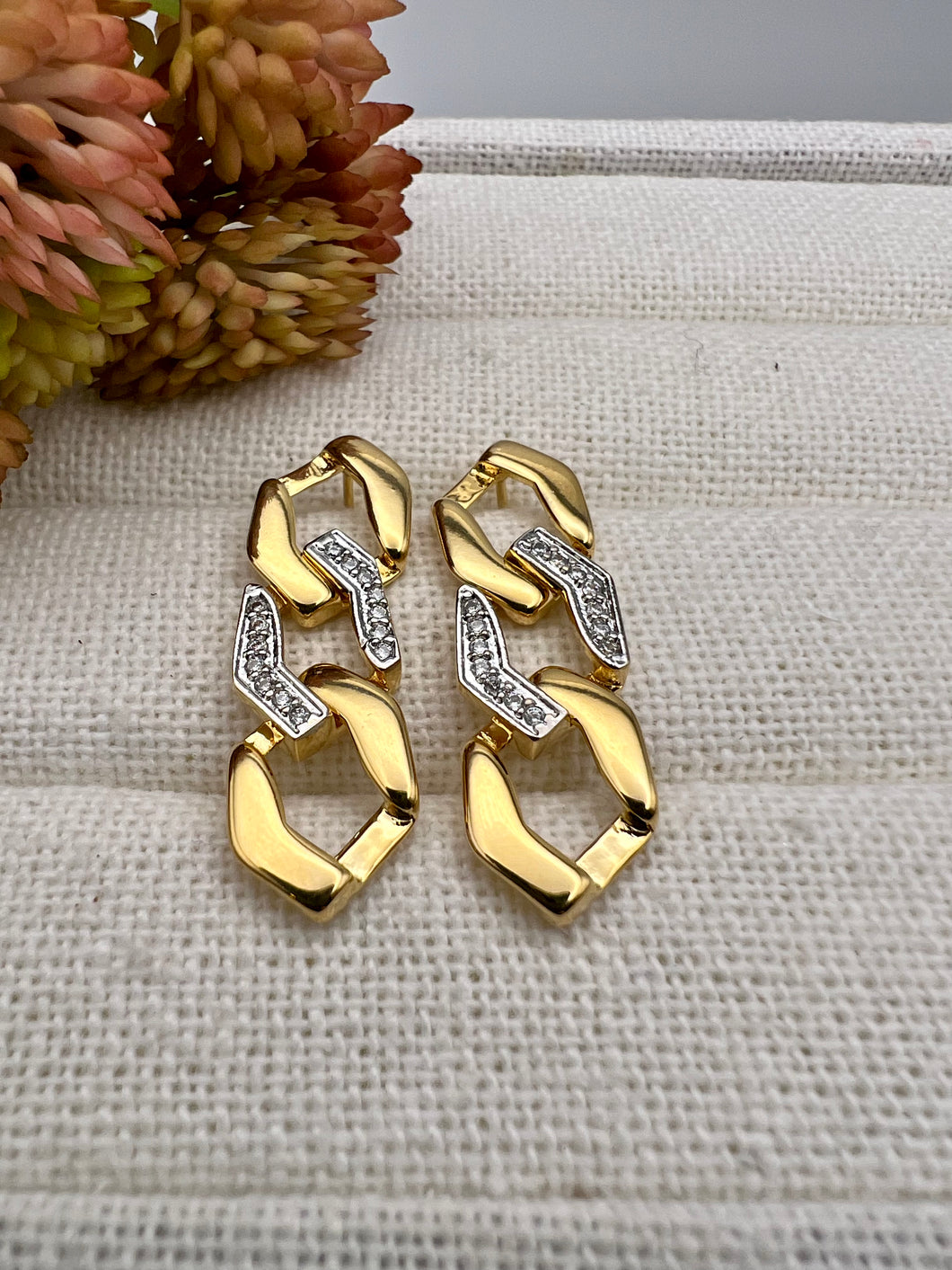 3 Link zirconia detail earrings