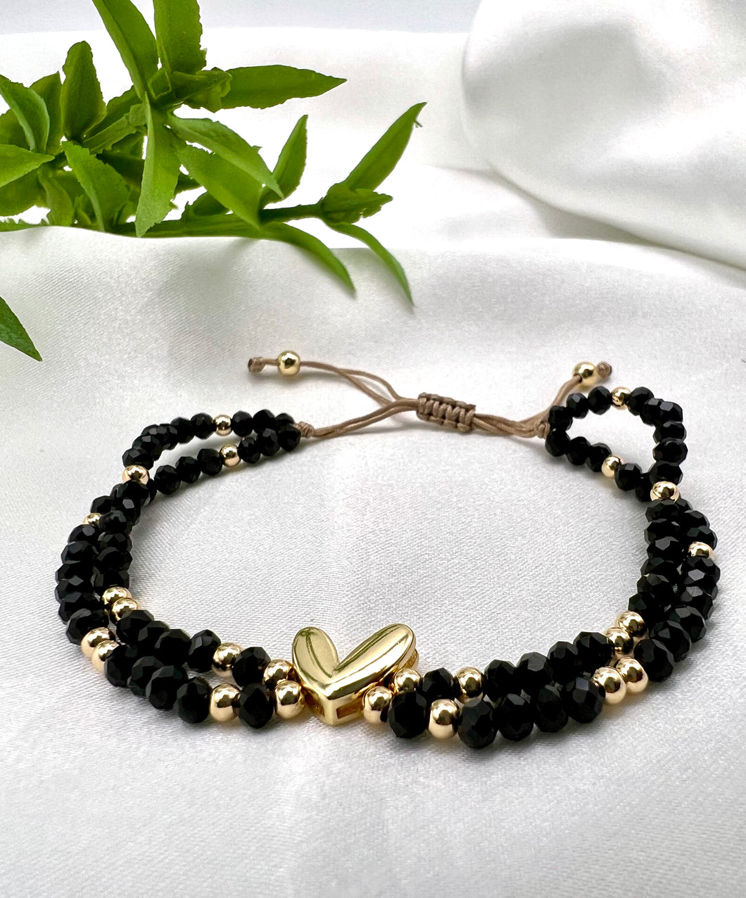 Adjustable 2 crystal rows golden heart detail bracelet