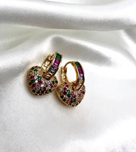 Load image into Gallery viewer, Colorful baguette hoop with studded heart pendant earrings
