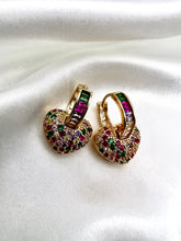 Load image into Gallery viewer, Colorful baguette hoop with studded heart pendant earrings
