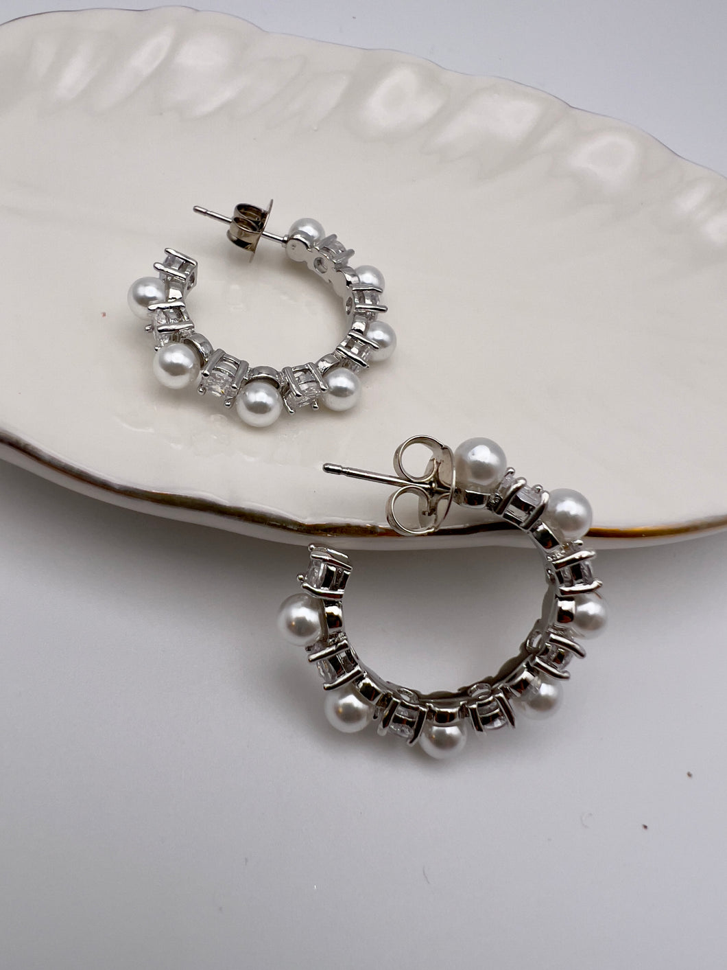 Pearl and cz hoop stud earring