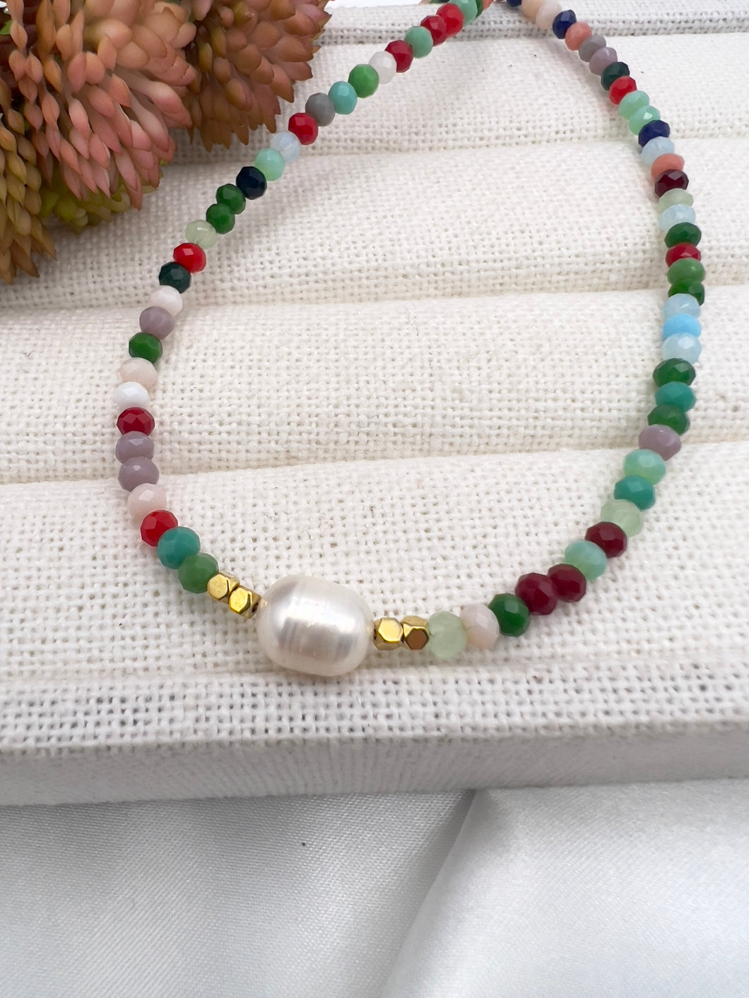 Mini colorful crystal Freshwater detail choker necklace