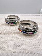 Load image into Gallery viewer, Studded cz with  flat colorful cz hoop earrings
