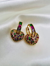 Load image into Gallery viewer, Colorful baguette hoop with studded heart pendant earrings
