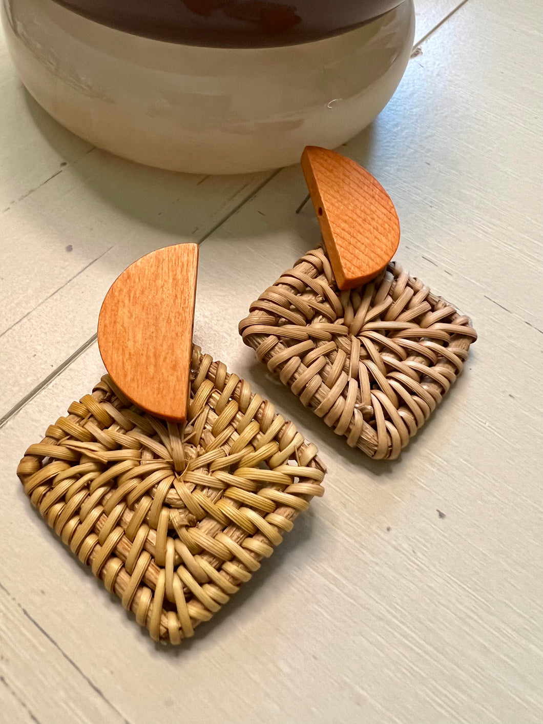 Wooden half moon raffia earring