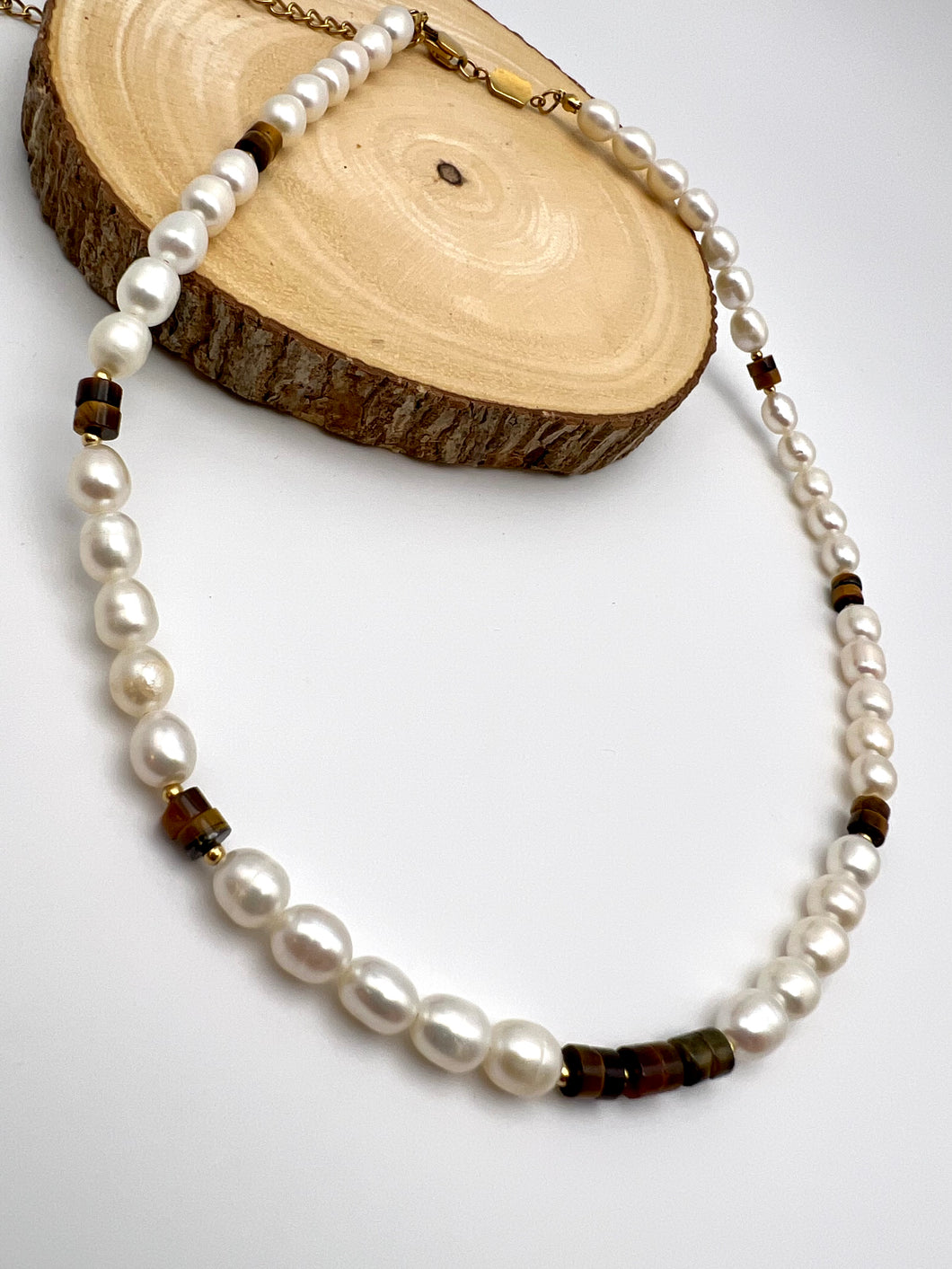Freshwater pearl with eye of tiger necklace