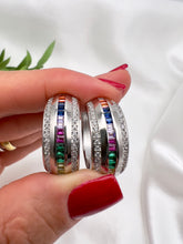 Load image into Gallery viewer, Studded cz with  flat colorful cz hoop earrings
