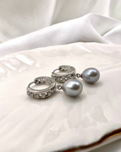 Load image into Gallery viewer, Hoop with cz details and freshwater pearl pendant earrings
