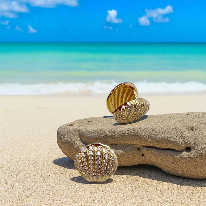 Studded cz shell clip-on earrings